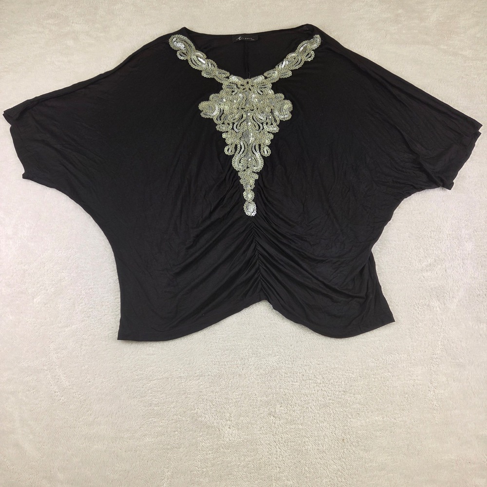 Mon Amie Black Sequin Bib Batwing Top Ruched Dolman Sleeve USA Made Blouse